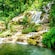 A waterfall cascading over rocks into a stream surrounded by tropical foliage